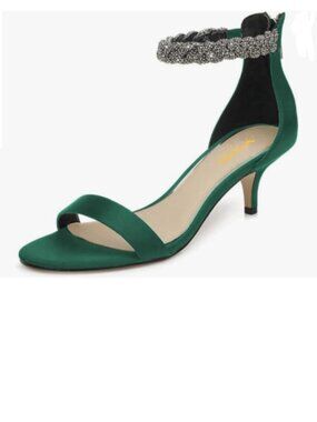XYD Dark Green Ankle Strap Kitten Heel Sandals Cute Rhinestone Low Heel Shoes